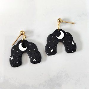 Black Pedal Arch White Moon Stars Celestial Statement Polymer clay earring 1.25"